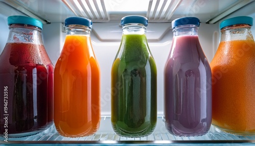 assorted colorful juice bottles on a fridge shelf