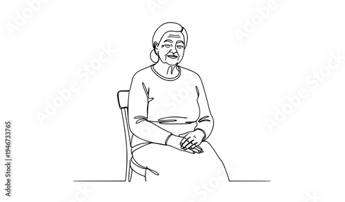 Minimal continuous line art elderly woman sitting senior people vector illustration