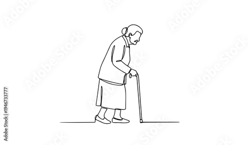 One continuous line drawing elderly woman walking senior outline vector illustration