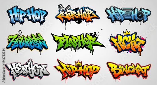 Collection of Vibrant Hip Hop Graffiti Designs in Various Styles.