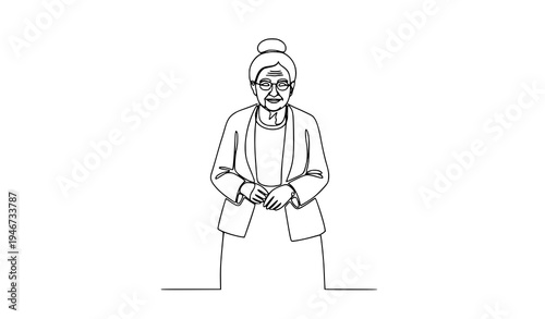 Continuous one line drawing elderly woman minimalist senior outline vector illustration