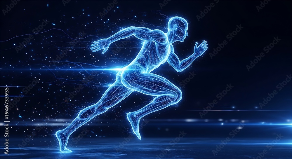 Fototapeta premium A digital rendering of a sprinting human figure composed of glowing blue lines and particles