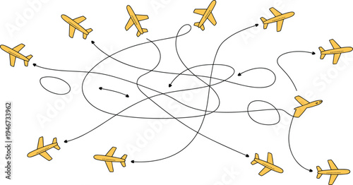 Whimsical of yellow airplanes in flight with chaotic black lines representing flight paths and air traffic control confusion
