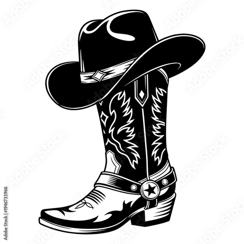 Classic Western Cowboy Hat Resting On Leather Boot With Star Spur, Wild West Country Lifestyle And Rodeo Fashion Graphic Illustration
