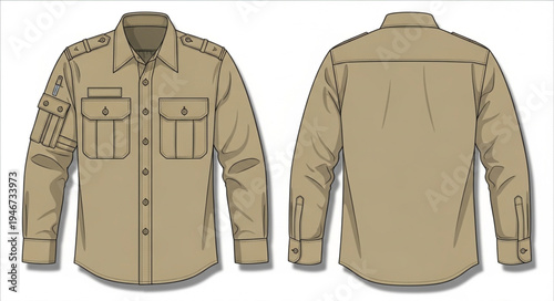 Khaki Long-Sleeved Shirt with Pockets and Shoulder Details.