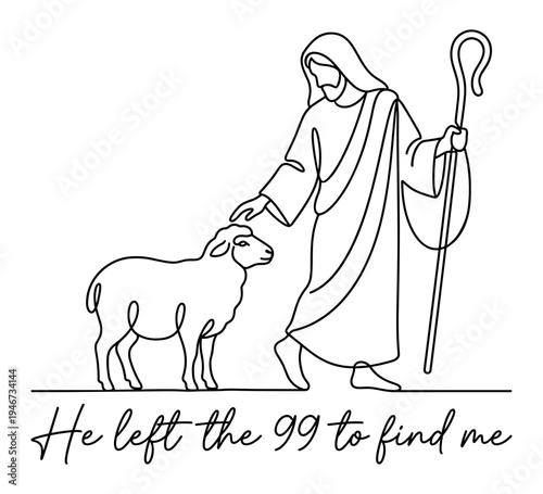 He Left The 99 To Find Me, Jesus Christ The Good Shepherd With Lost Sheep, Christian Faith Religious One Line Art Drawing