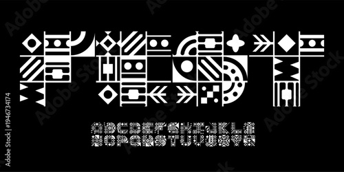 Africa Pattern Font Logo, African Alphabet Tribal Letter Set, Ethnic Geometric Typography, Square Modular Typographic Design for Music Fest Headline and Logotype. Mosaic Ornate Vector Typeface