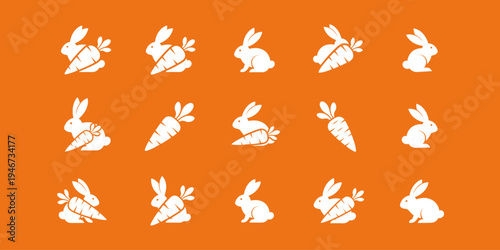 Cute bunny mascot logo collection with carrot elements. Flat vector animal icons suitable for eco farming brands, organic food packaging, gardening, and children themes.
