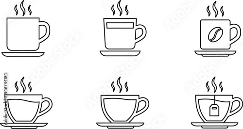 Six black and white steaming beverage cup icons are arranged in two rows upon a plain white background for interface design.