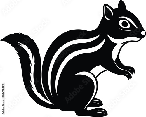 Black and white illustration of a striped chipmunk sitting