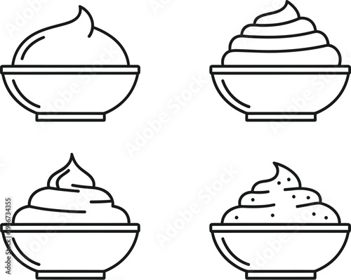 Four bowls containing piped whipped cream or frosting are shown in simple black line art icons for dessert recipes.