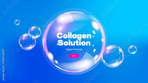 Realistic rainbow soap bubbles on blue sky background. Glossy volume rounded aqua droplet. 3D glass liquid shape with holographic effect. 3D vector illustration.
