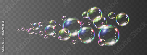 Realistic stream of soap bubbles on transparent background. Glossy volume rounded aqua droplet. 3D glass liquid shape with holographic effect. Vector illustration.