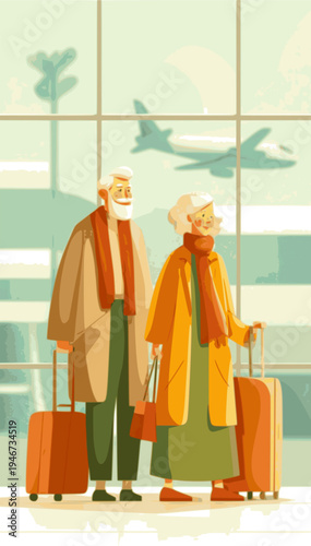 Senior couple ready to travel: A senior couple stands at the airport, excited for their trip. They have suitcases in hand and the airplane can be seen from the window, representing the journey ahead.