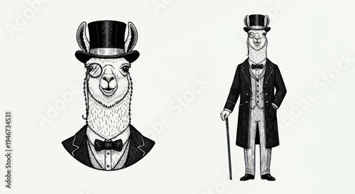 Elegant Llama Dressed in Formal Attire with Top Hat and Monocle.