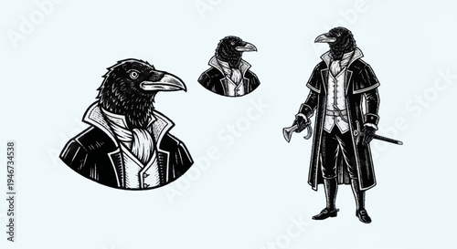 Anthropomorphic Crow Character in Victorian Attire.