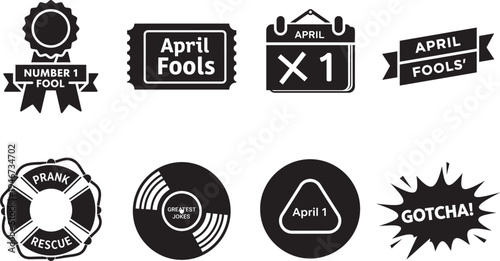 April fools day funny joke flat vector icons set. calendar, ticket, banner, award symbols design. number one fool medal