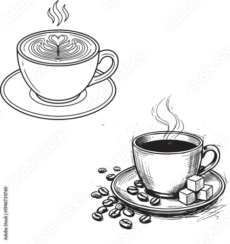 Hand-drawn coffee cups with steam and coffee beans on plates  