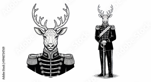 Anthropomorphic Deer in Military Uniform.