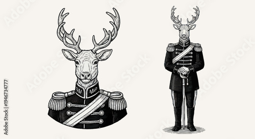 Anthropomorphic Deer Dressed in Military Uniforms.