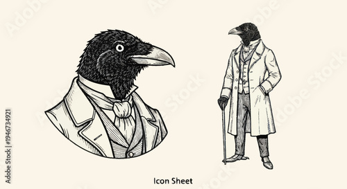 Vintage Crow Gentleman Illustration Set.