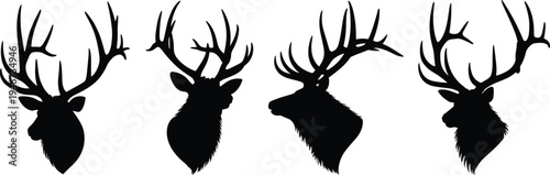 Collection of deer head silhouettes with large antlers, wild stag animal profile vector illustration set isolated on white background