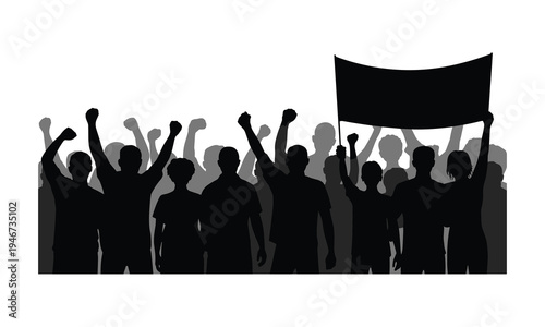 Vector illustration of crowd protesting with banner and raised fists