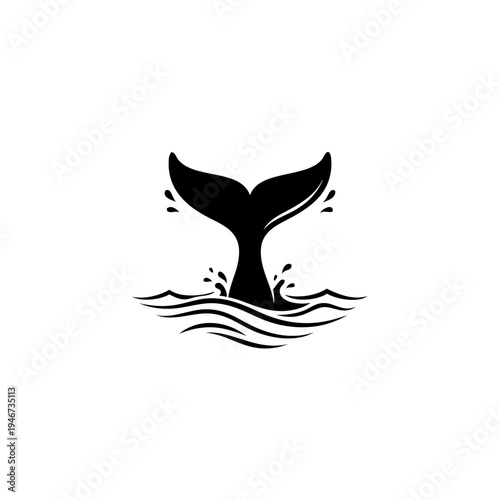 A stylized black and white illustration of a whale tail emerging from wavy waters