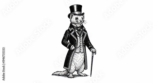 Victorian Era Ferret Dressed in Formal Attire Holding a Cane.
