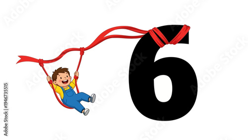 Child swinging on red ribbon near number six.