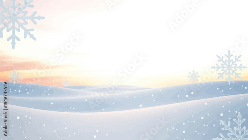 Snowflakes Falling on Snowy Landscape at Dawn.