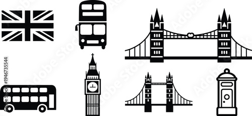 London landmark icon set with Big Ben, Tower Bridge, double decker bus, UK flag and post box vector