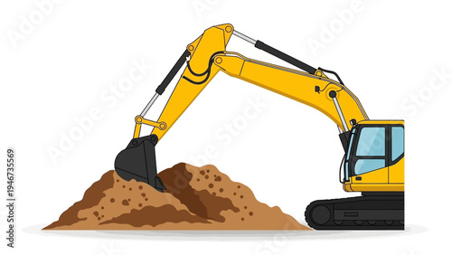 Yellow Excavator Digging into Pile of Dirt.