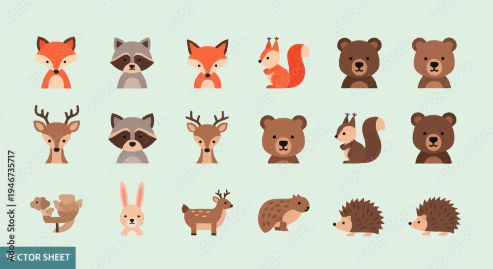 Fototapeta premium Cute Woodland Animals Collection Vector Illustration.