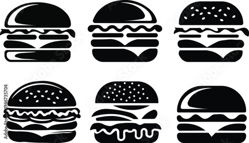 Minimalist hamburger and cheeseburger silhouette icons black flat vector fast food burger set