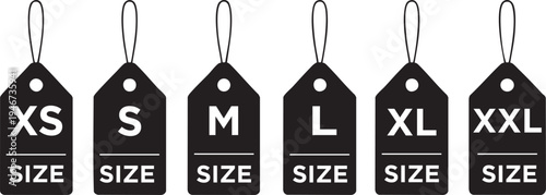 Collection of black size tags with XS S M L XL XXL labels perfect for clothing retail and e-commerce