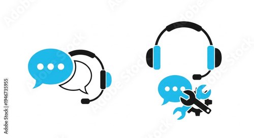 Customer service headset and chat icons with wrench.