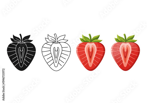 Set of four strawberry icons, featuring a realistic illustration and line art of a halved strawberry, representing freshness and healthy eating