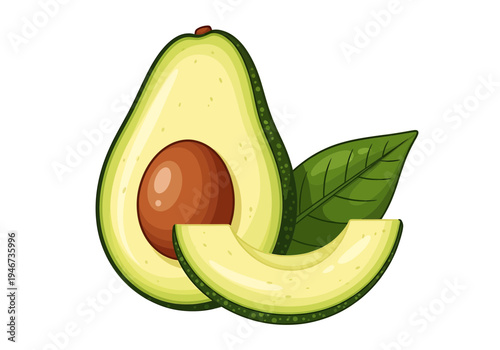 Vibrant green ripe avocado cut in half with a visible pit, accompanied by a fresh slice and a leaf, illustrating a healthy and nutritious tropical superfood
