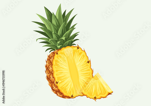 Vibrant Tropical Pineapple Illustration Featuring a Whole Fruit and a Juicy Slice, Perfect for Summer Concepts and Healthy Food Designs with Ripe Details