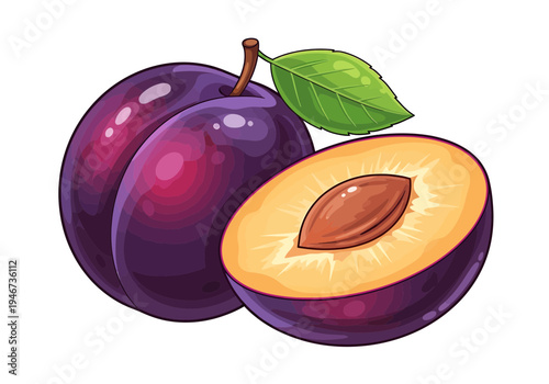 Delicious whole and halved fresh purple plums, vibrant and juicy, perfect for healthy eating and sweet recipes, presented as a crisp graphic