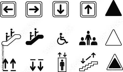 Black and white icons display various directional and accessibility symbols for elevators and escalators on a white background.