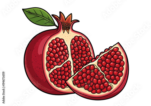 A vibrant illustration of a ripe pomegranate, cut in half to reveal its jewel-like seeds, with a segment displayed beside it, showcasing its freshness and deliciousness