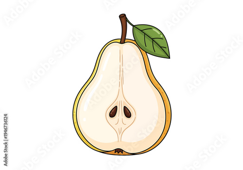 Brightly Colored Pear Slice Icon with Leaf, Displaying Internal Structure – A Crisp and Modern Vector Illustration for Health, Food, and Nutrition Designs