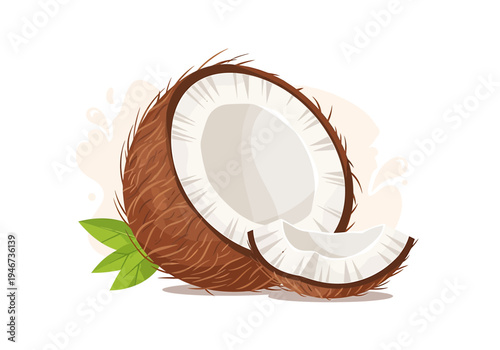 Fresh tropical coconut, perfectly halved with a small white flesh slice and green leaves, embodying a healthy, refreshing summer fruit illustration