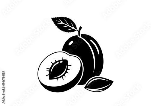 Detailed vector illustration of fresh ripe plums, featuring a whole plum, a halved plum revealing its pit, and a separate pit, ideal for fruit-themed icons and designs