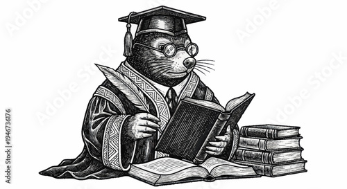 Anthropomorphic Mole Scholar Reading Books.