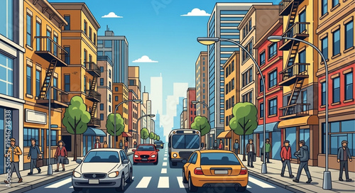 City street scene with cars and pedestrians illustration.