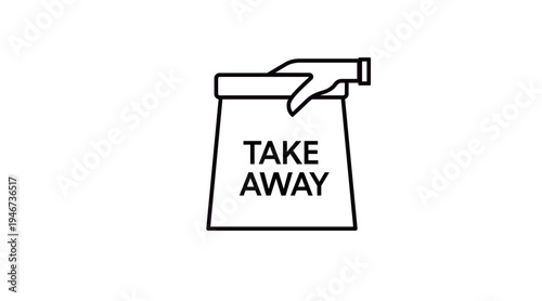 Simple black line take away paper bag with hand icon, minimalist food delivery and takeaway service vector symbol isolated on white background, restaurant pickup concept.