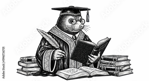 Anthropomorphic mole wearing graduation cap and gown reading books.